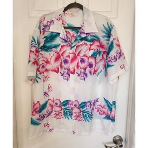 VTG Aikane Hawaiian Aloha Hibiscus White Pink Purple Green Floral‎ Shirt XL